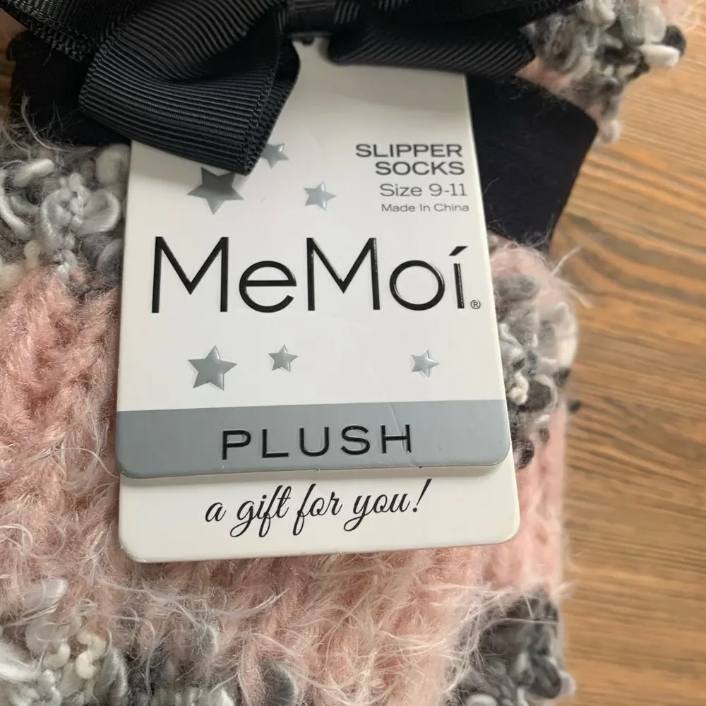 MeMoi Plush Pink and Gray Slipper Socks